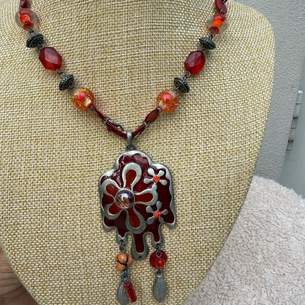 Artisan Red and Silver Floral Necklace
